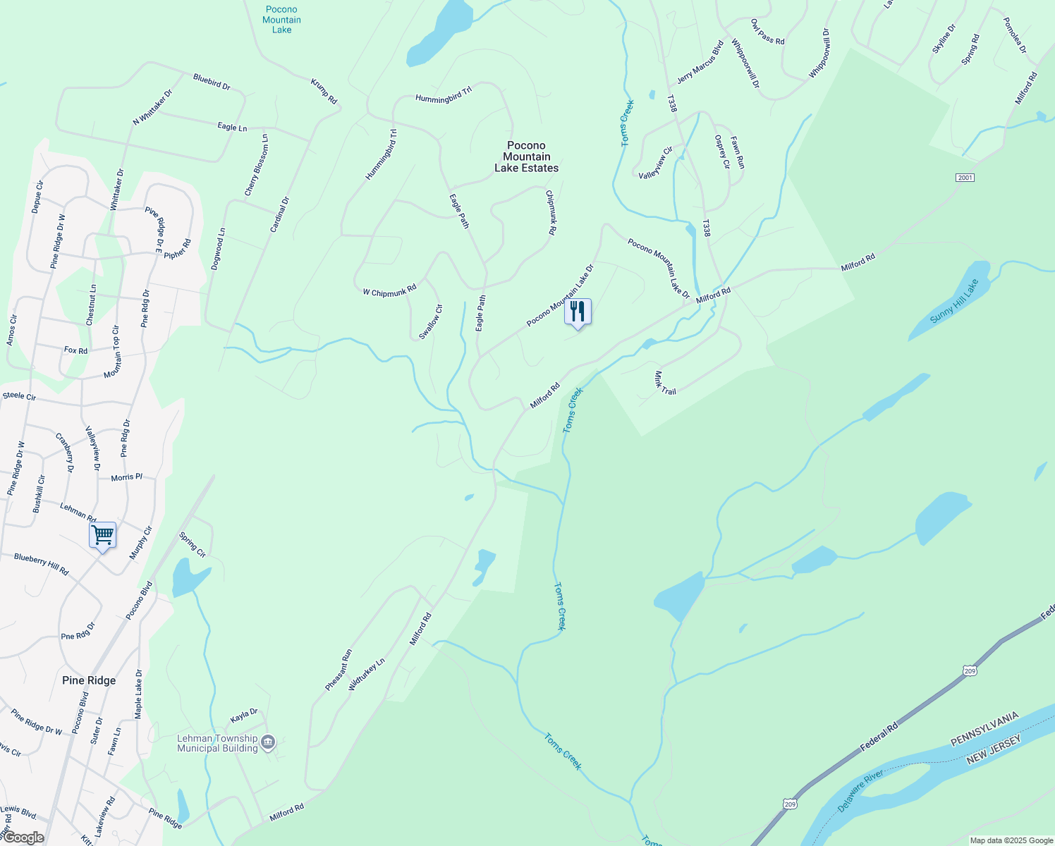 map of restaurants, bars, coffee shops, grocery stores, and more near 2242 Milford Road in Pocono Mountain Lake Estates