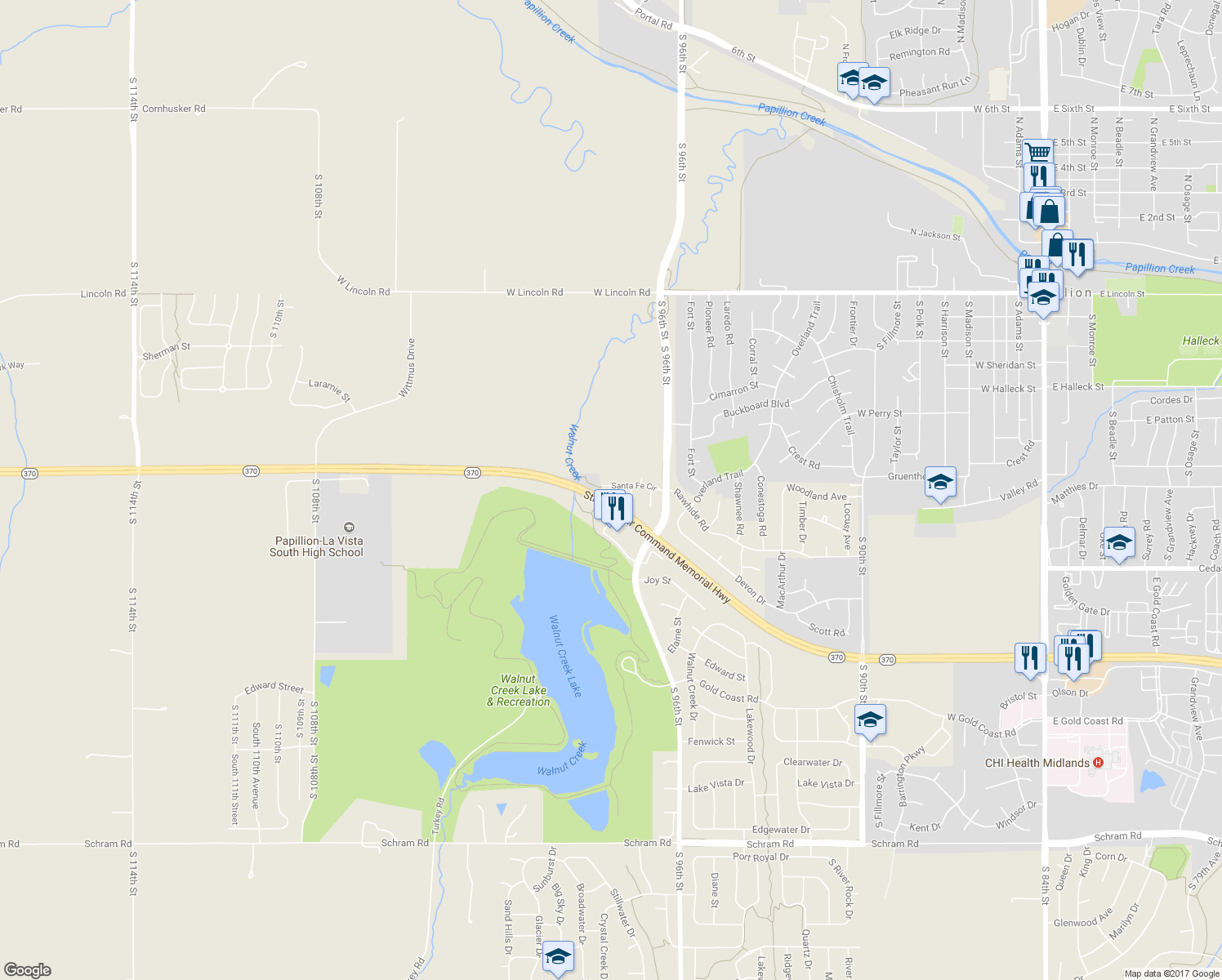 map of restaurants, bars, coffee shops, grocery stores, and more near 1407 Santa Fe Circle in Papillion