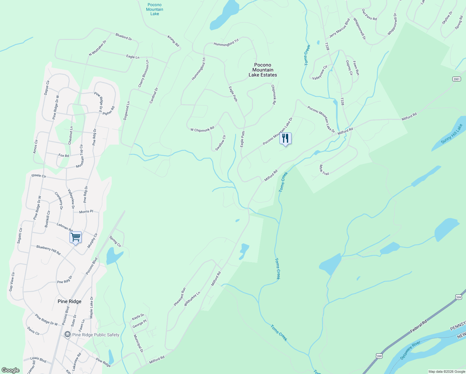 map of restaurants, bars, coffee shops, grocery stores, and more near 3139 Bear Road in Pocono Mountain Lake Estates