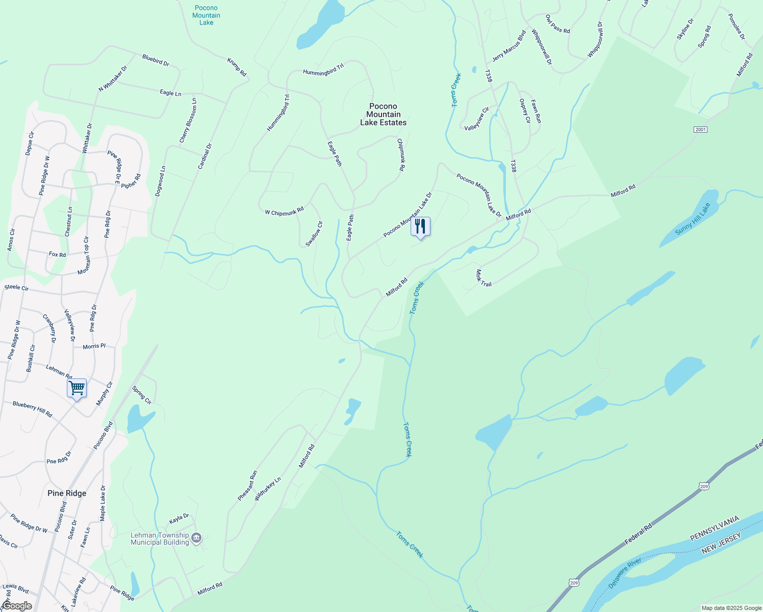 map of restaurants, bars, coffee shops, grocery stores, and more near 2242 Milford Road in Pocono Mountain Lake Estates
