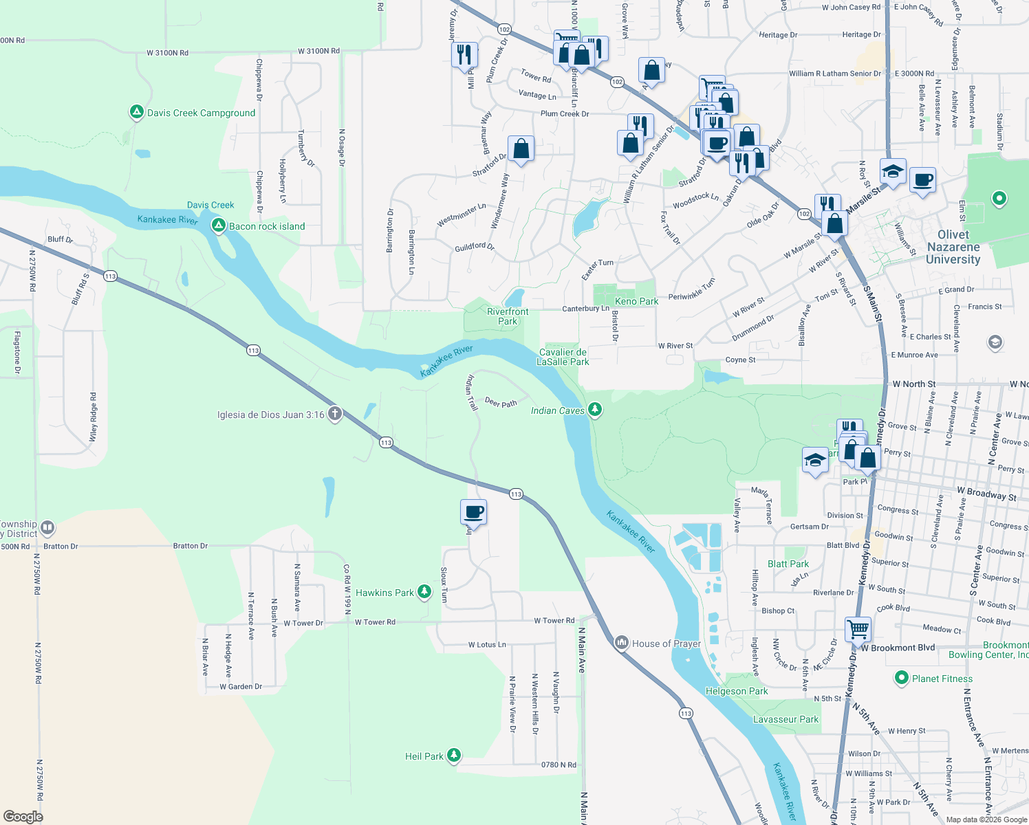 map of restaurants, bars, coffee shops, grocery stores, and more near 1280 Deer Path in Kankakee