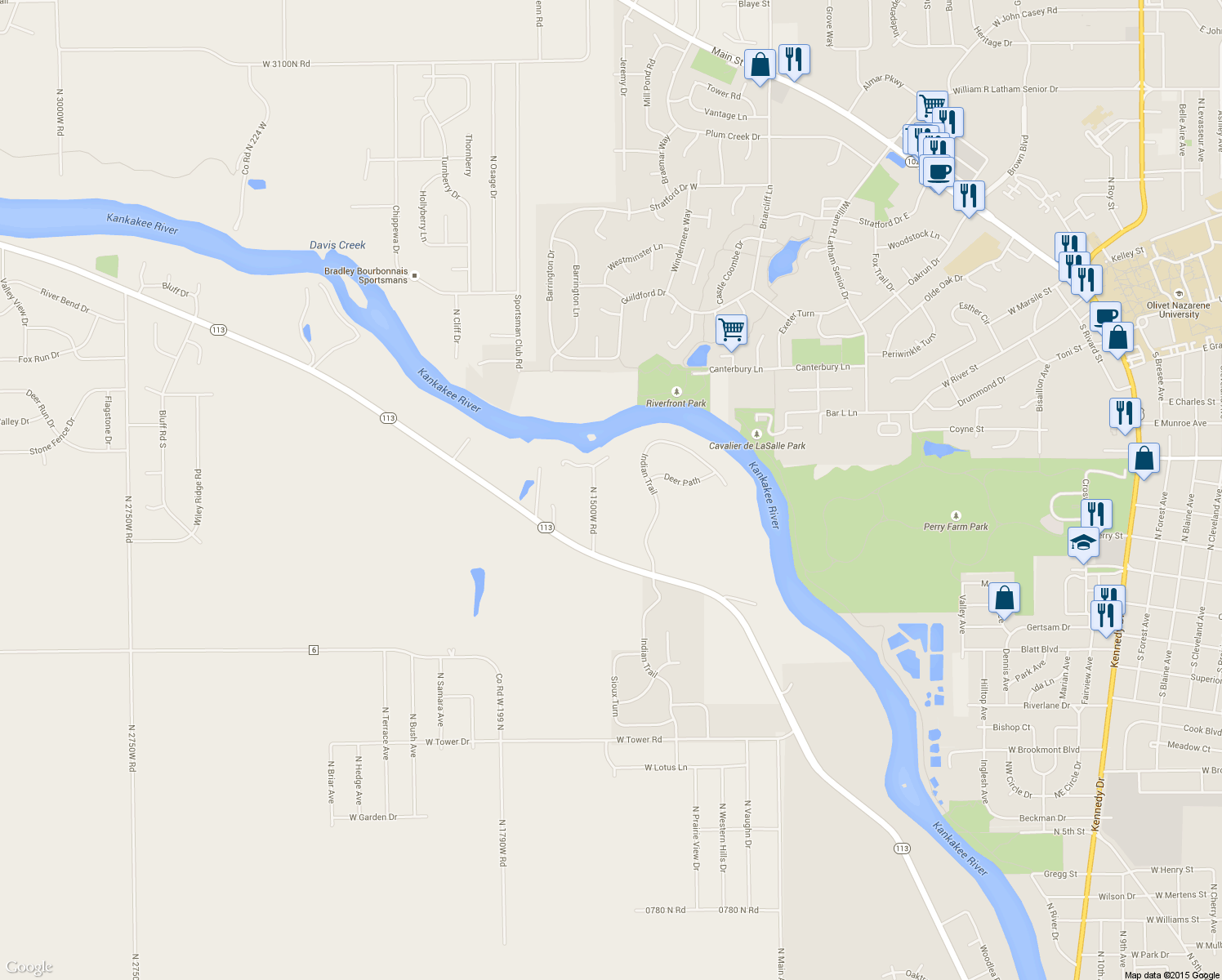map of restaurants, bars, coffee shops, grocery stores, and more near 1895 North 1500W Road in Kankakee