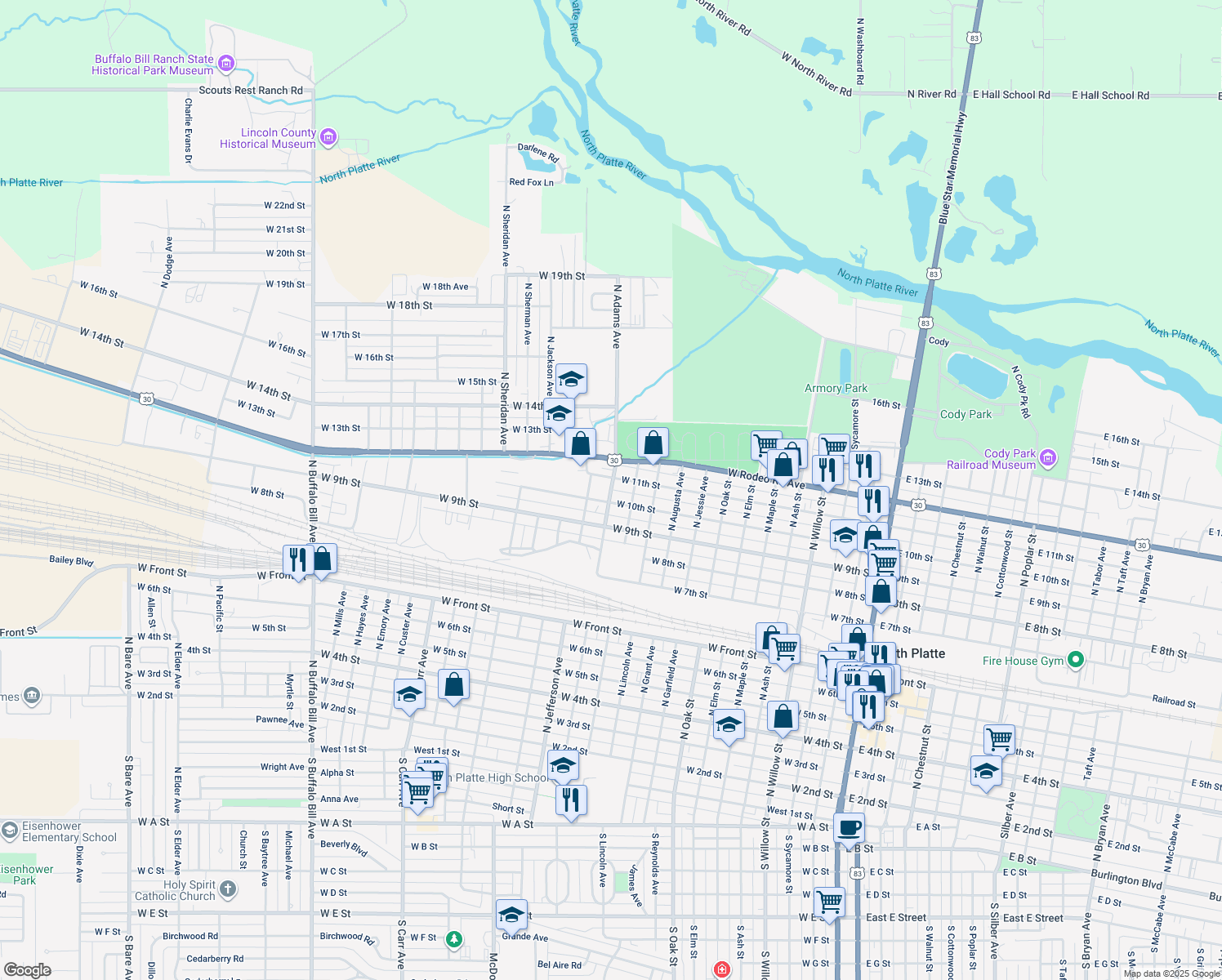 map of restaurants, bars, coffee shops, grocery stores, and more near 1048 North Adams Avenue in North Platte
