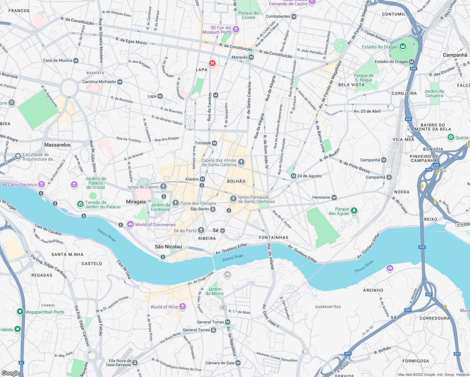 map of restaurants, bars, coffee shops, grocery stores, and more near 160 Rua de Santa Catarina in Porto