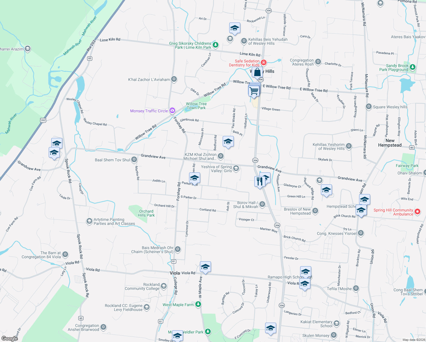 map of restaurants, bars, coffee shops, grocery stores, and more near 8 Elyise Road in Monsey