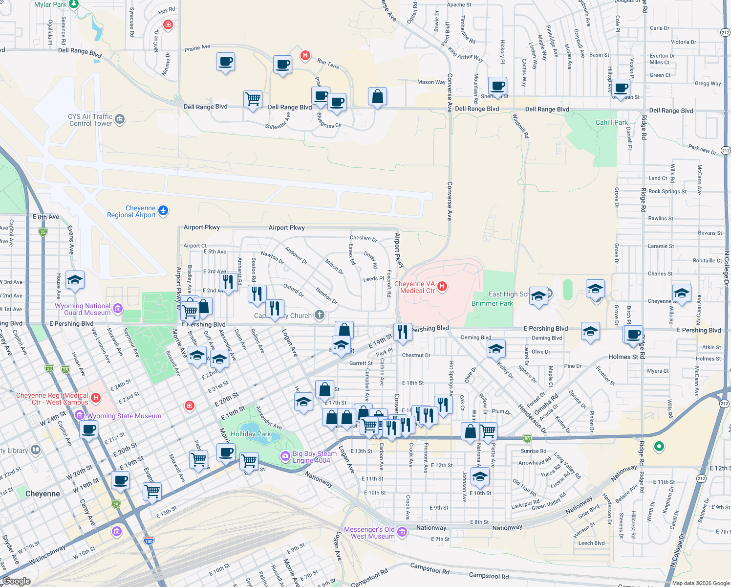 map of restaurants, bars, coffee shops, grocery stores, and more near 3433 Essex Rd in Cheyenne