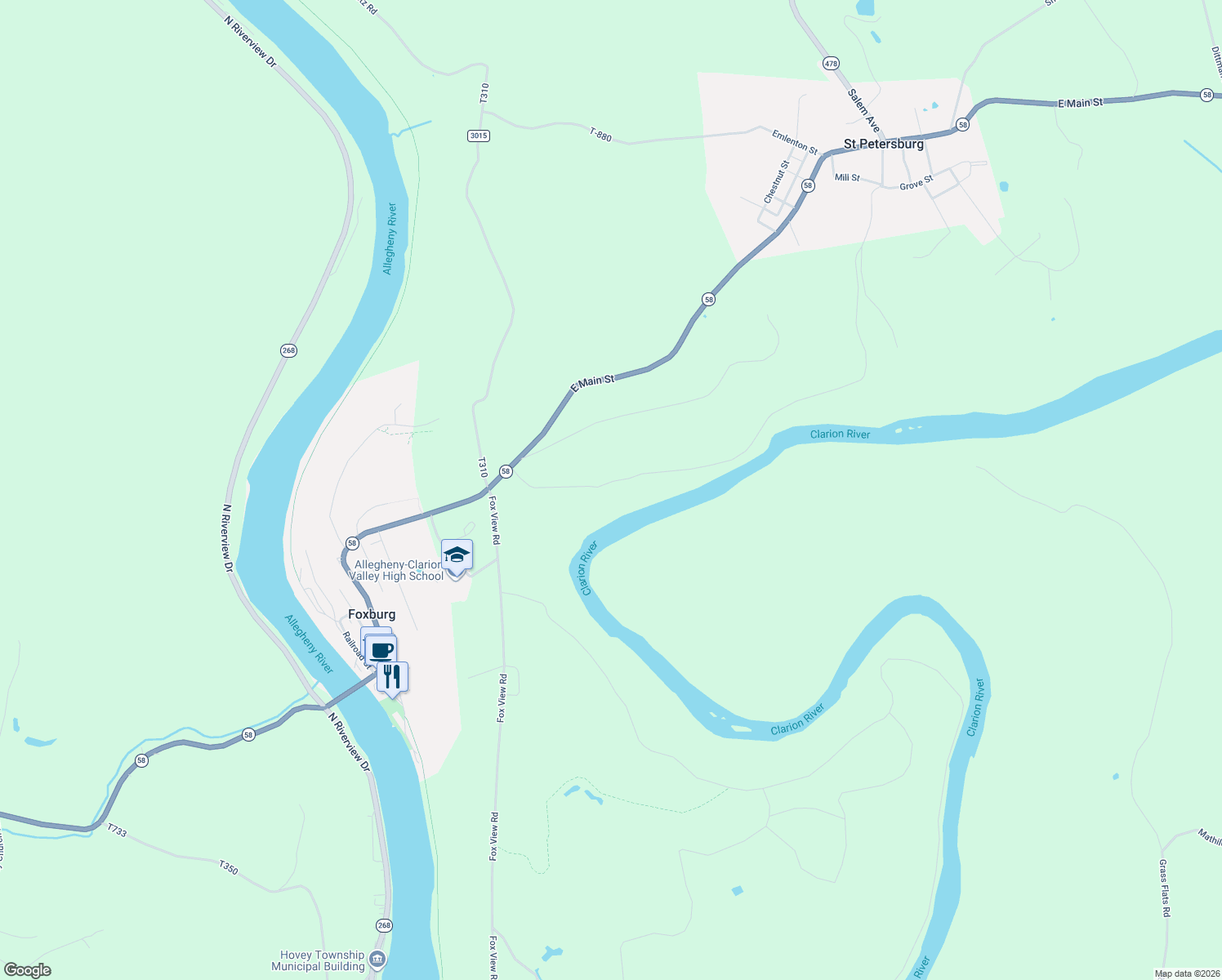 map of restaurants, bars, coffee shops, grocery stores, and more near in Foxburg