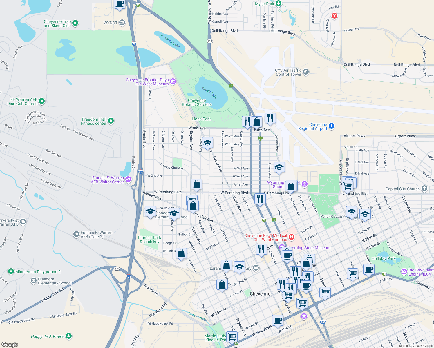 map of restaurants, bars, coffee shops, grocery stores, and more near 406 W 2nd Ave in Cheyenne