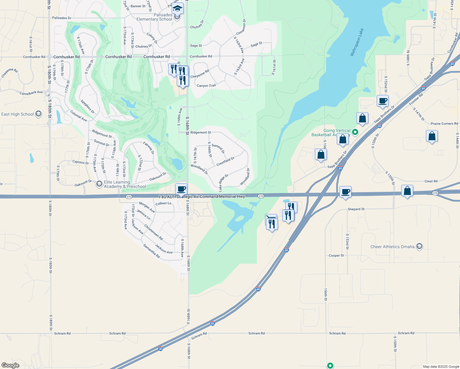 map of restaurants, bars, coffee shops, grocery stores, and more near 16410 Woodland Dr in Omaha