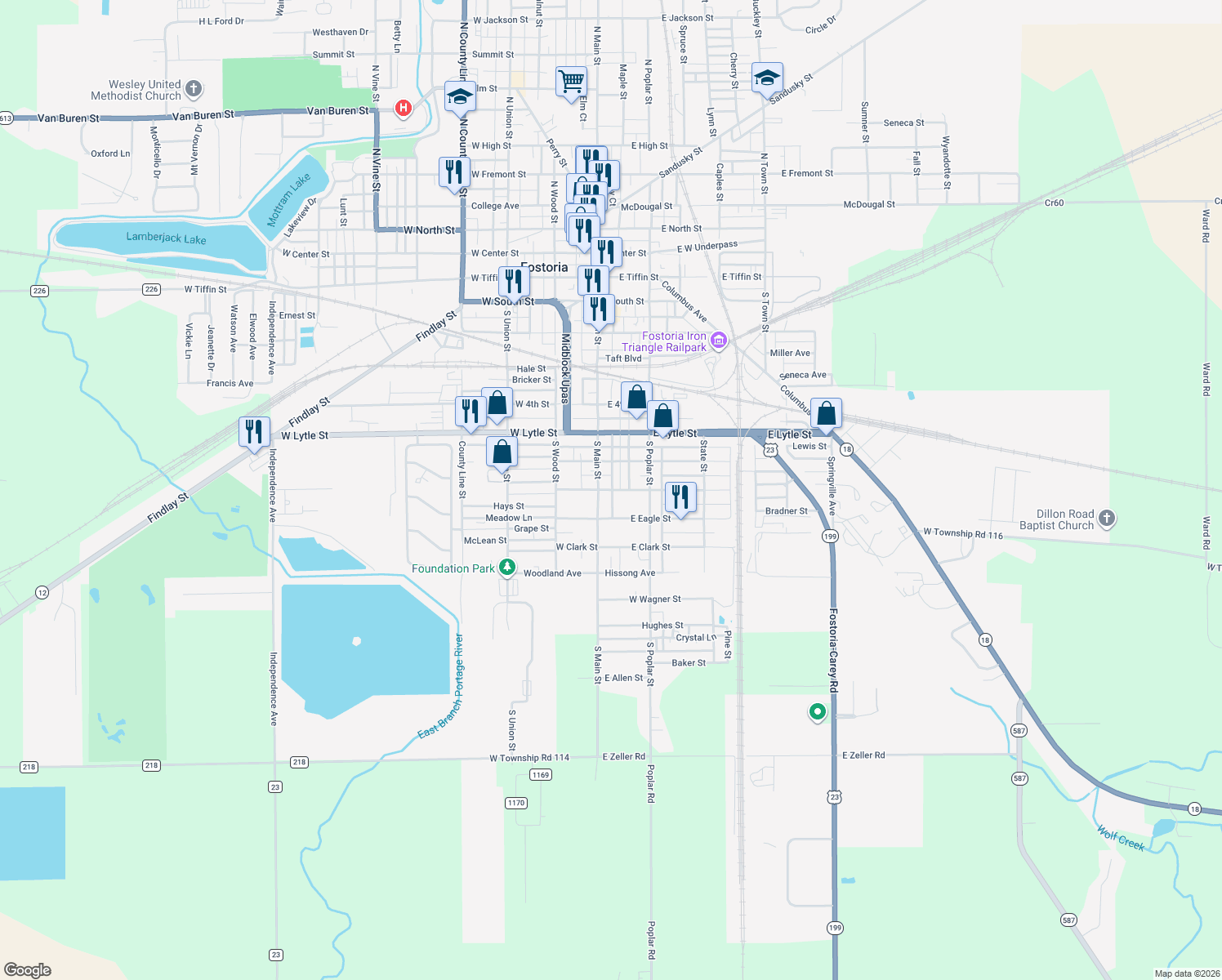 map of restaurants, bars, coffee shops, grocery stores, and more near 137 East Jones Street in Fostoria