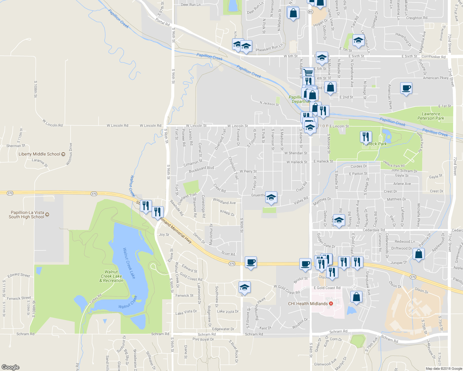 map of restaurants, bars, coffee shops, grocery stores, and more near 905 Lariat Circle in Papillion