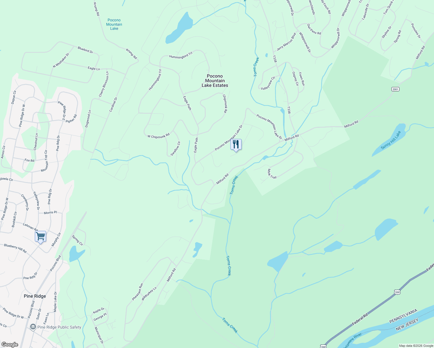 map of restaurants, bars, coffee shops, grocery stores, and more near 370 Pocono Mountain Lake Drive in Pike County