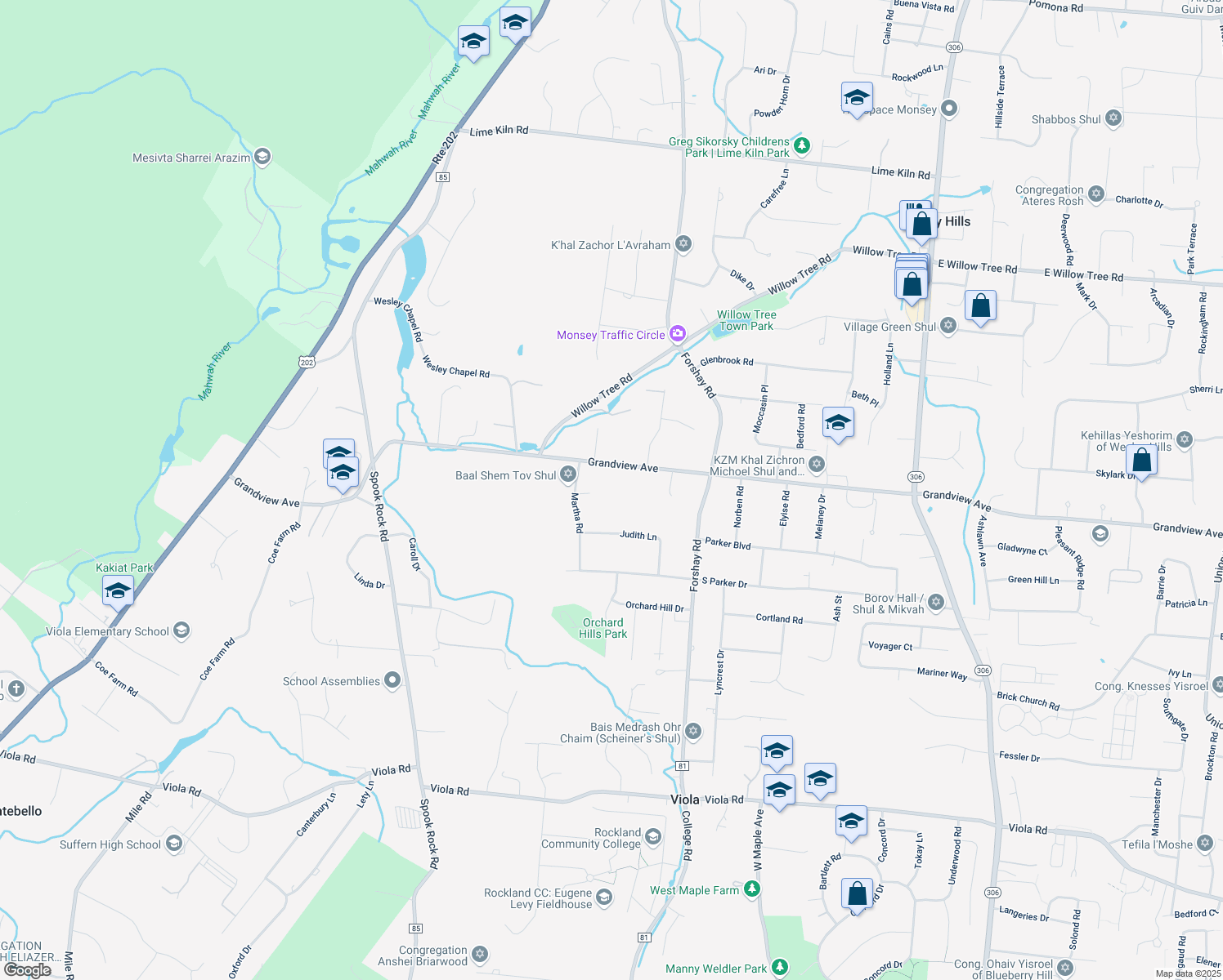 map of restaurants, bars, coffee shops, grocery stores, and more near 194 Grandview Avenue in Monsey