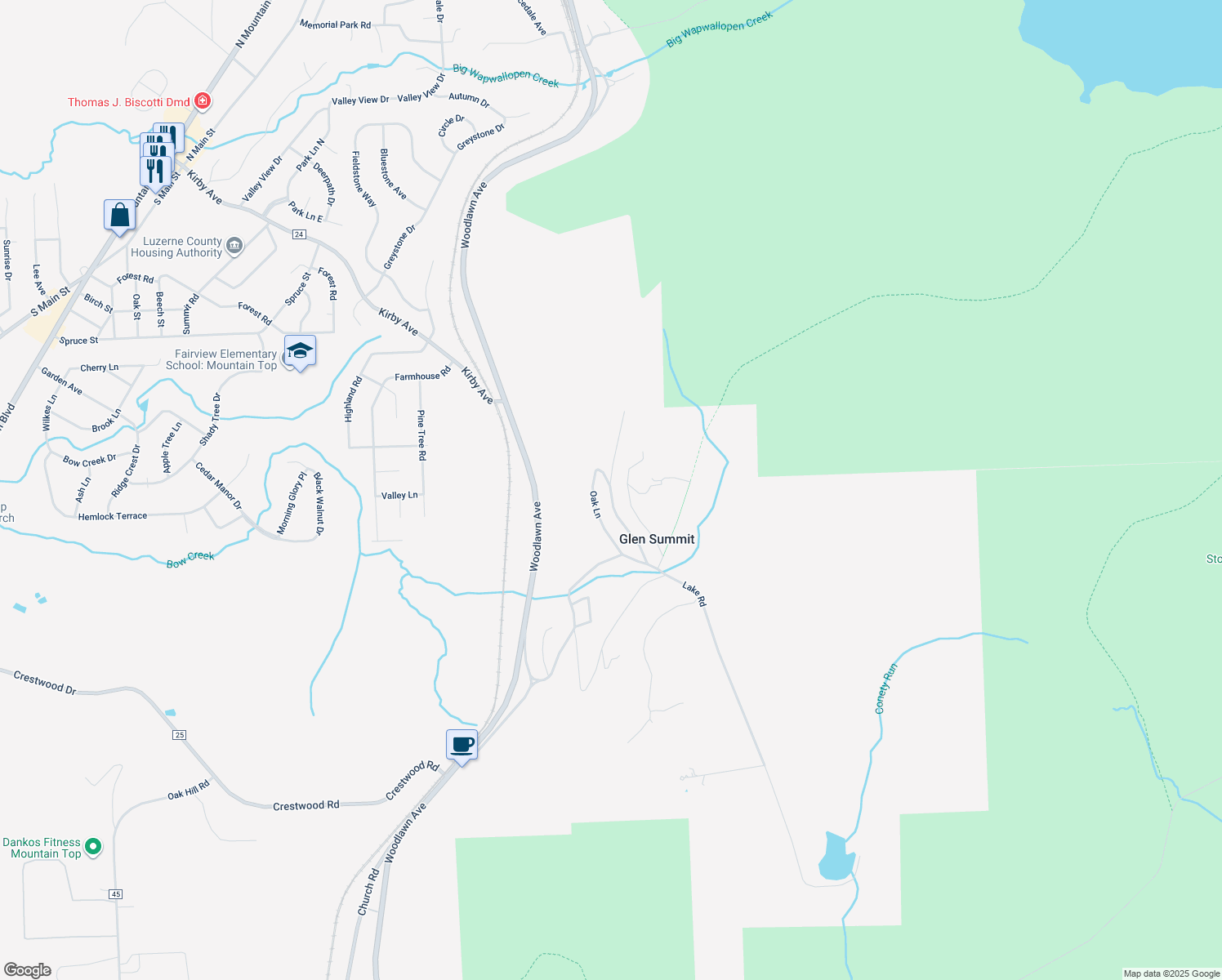 map of restaurants, bars, coffee shops, grocery stores, and more near White Birch Lane in Mountain Top