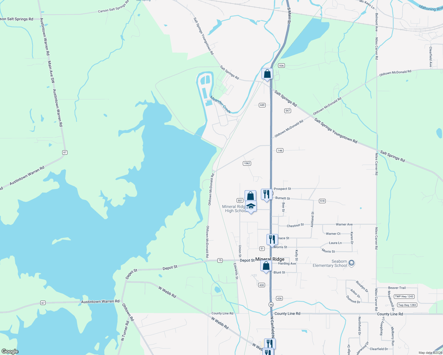 map of restaurants, bars, coffee shops, grocery stores, and more near 1218 Ohltown McDonald Road in Mineral Ridge