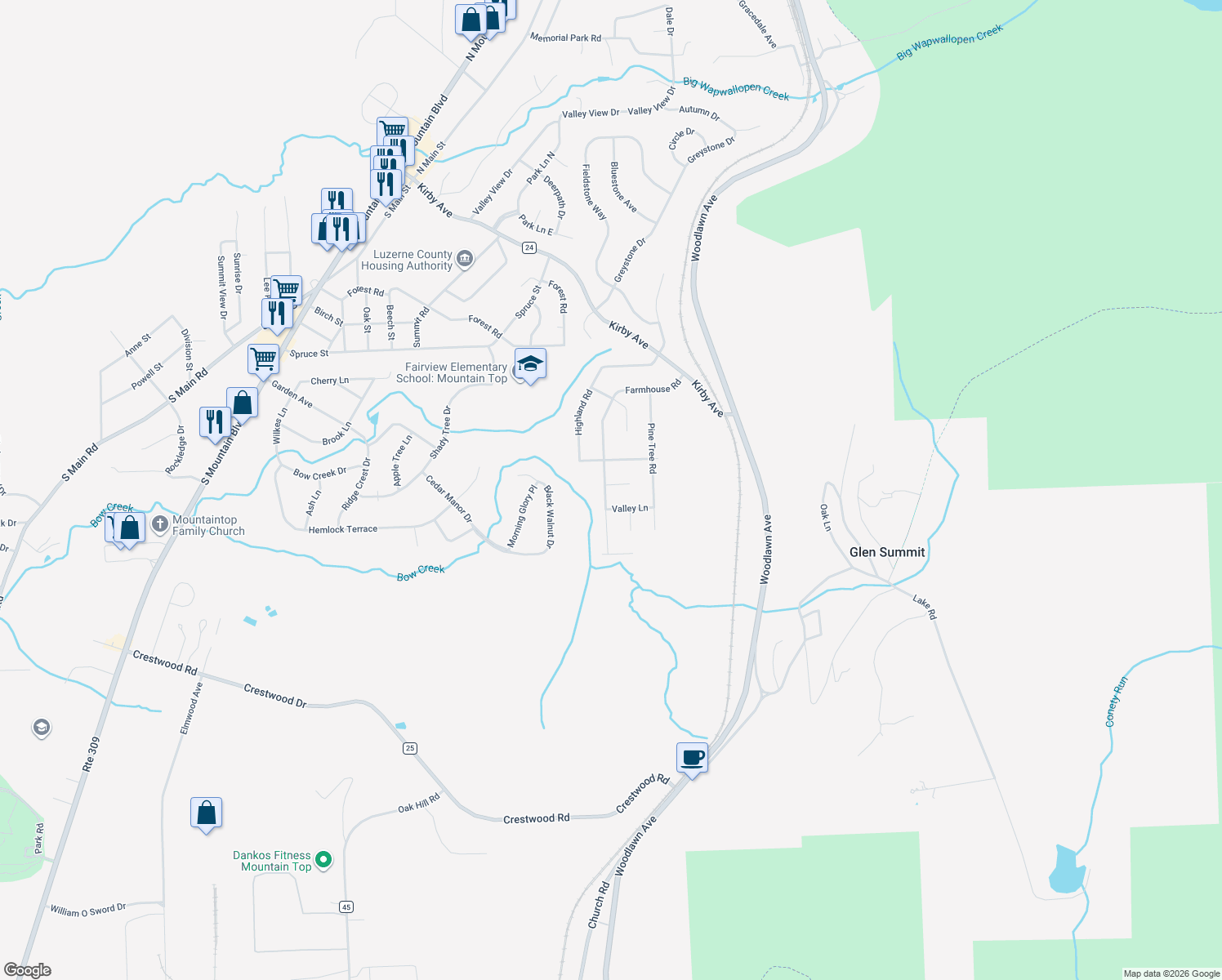 map of restaurants, bars, coffee shops, grocery stores, and more near 38 Farmhouse Rd in Mountain Top