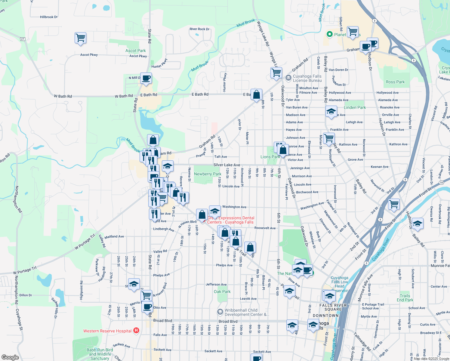 map of restaurants, bars, coffee shops, grocery stores, and more near 2822 12th St in Cuyahoga Falls