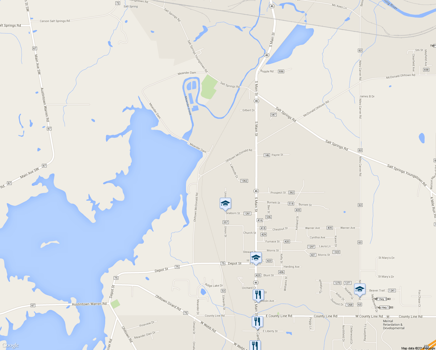 map of restaurants, bars, coffee shops, grocery stores, and more near 1238 Ohltown McDonald Road in Mineral Ridge