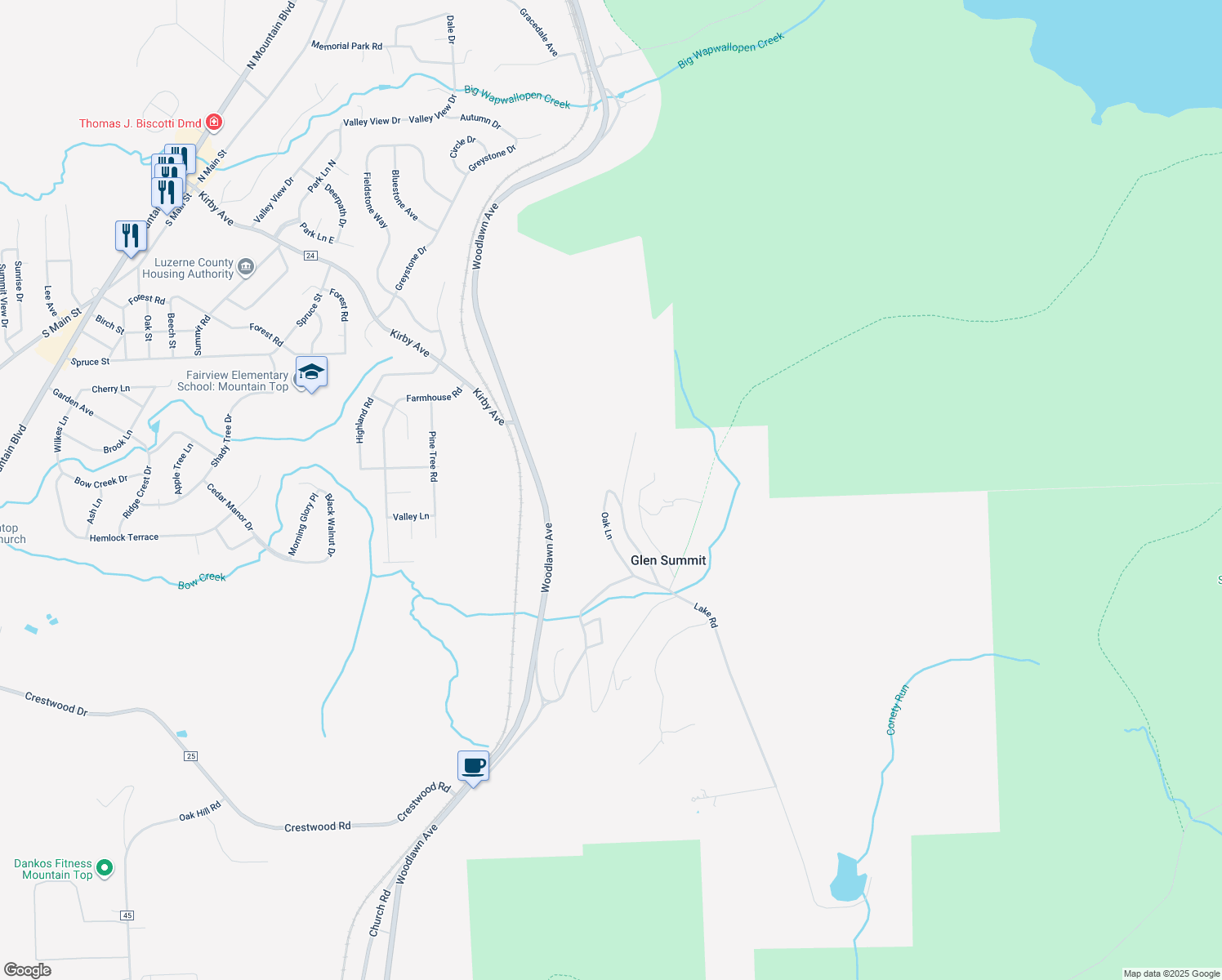 map of restaurants, bars, coffee shops, grocery stores, and more near White Birch Lane in Mountain Top
