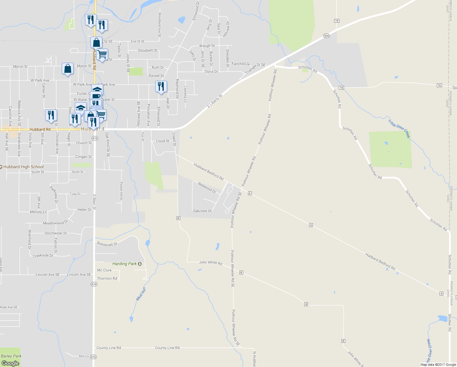 map of restaurants, bars, coffee shops, grocery stores, and more near 3 Timber Lake Drive in Hubbard