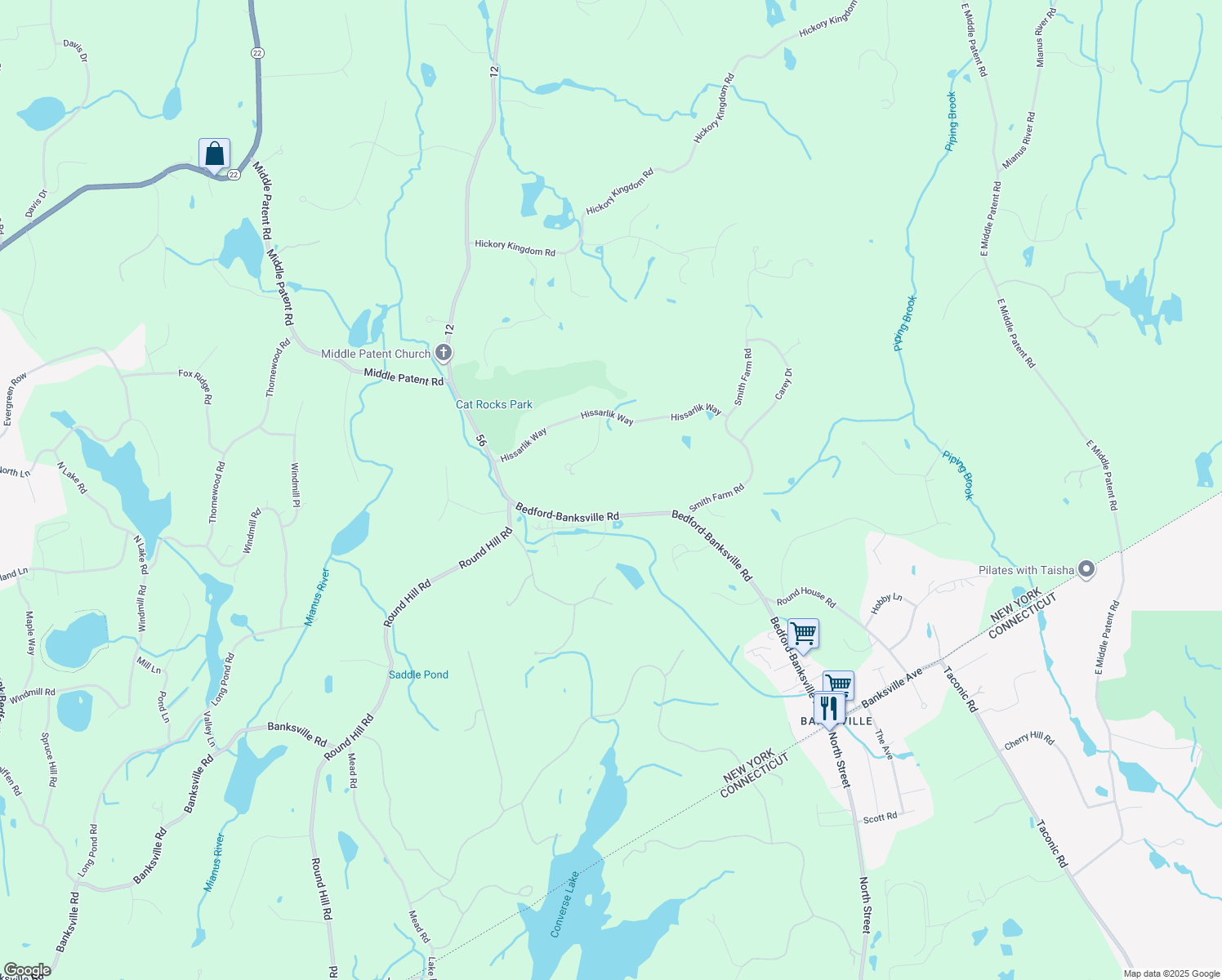 map of restaurants, bars, coffee shops, grocery stores, and more near 58 Bedford-Banksville Road in Bedford