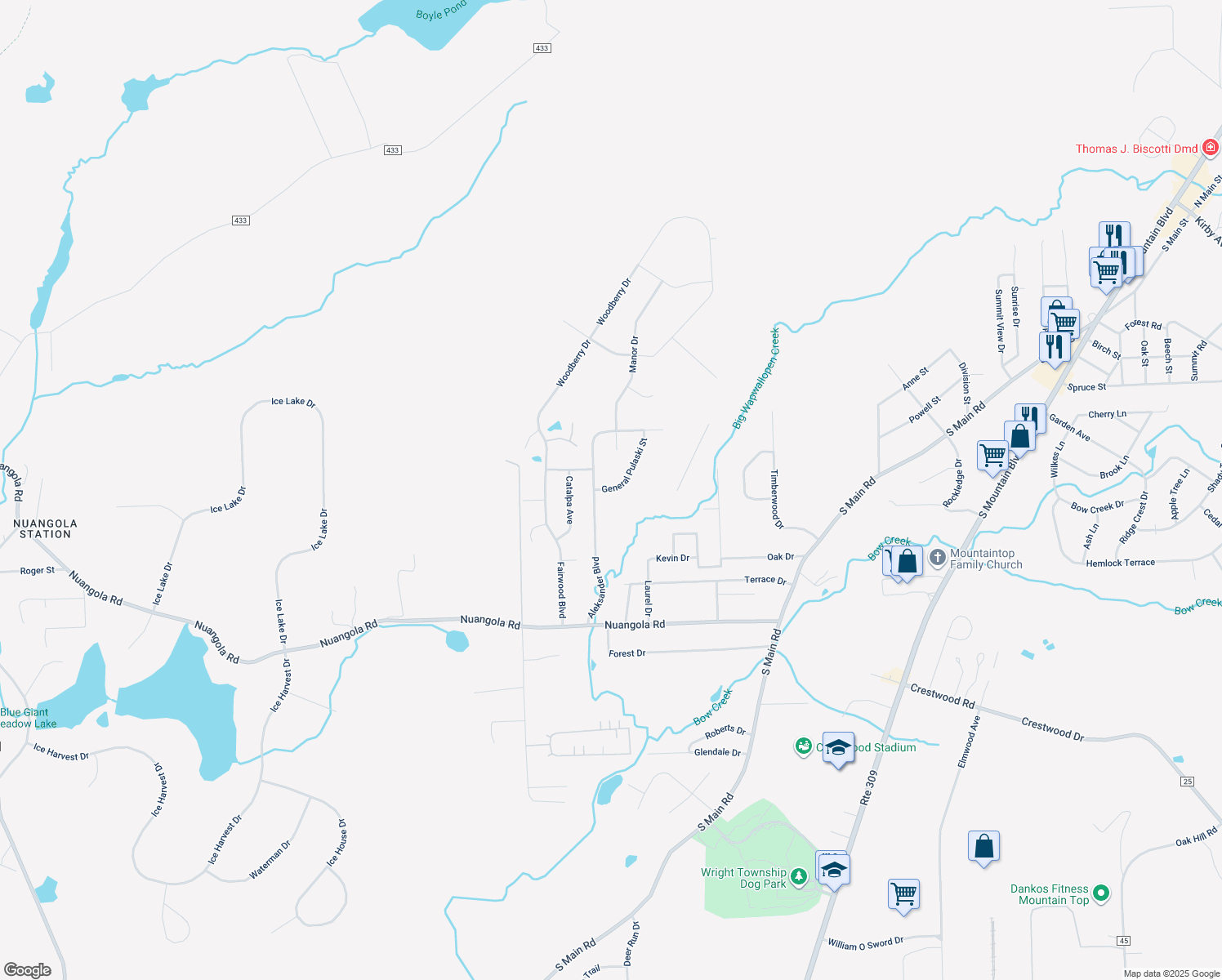 map of restaurants, bars, coffee shops, grocery stores, and more near 13 General Pulaski Street in Mountain Top