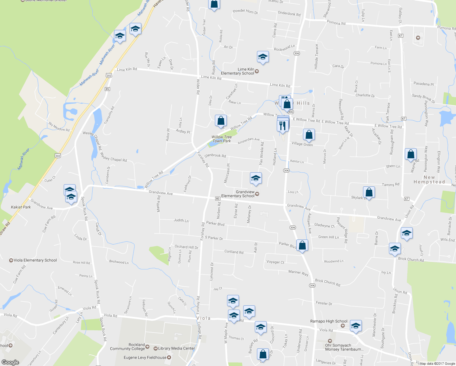 map of restaurants, bars, coffee shops, grocery stores, and more near 10 Moccasin Place in Monsey