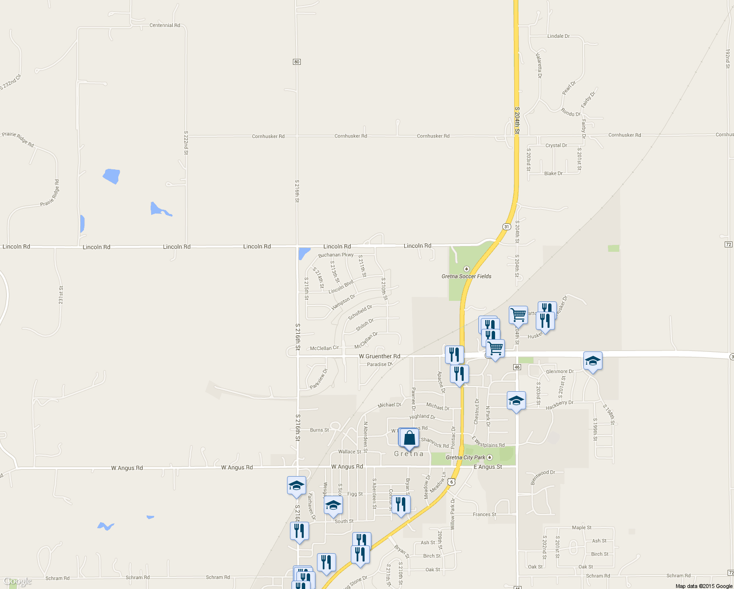 map of restaurants, bars, coffee shops, grocery stores, and more near 21101 Hampton Drive in Gretna