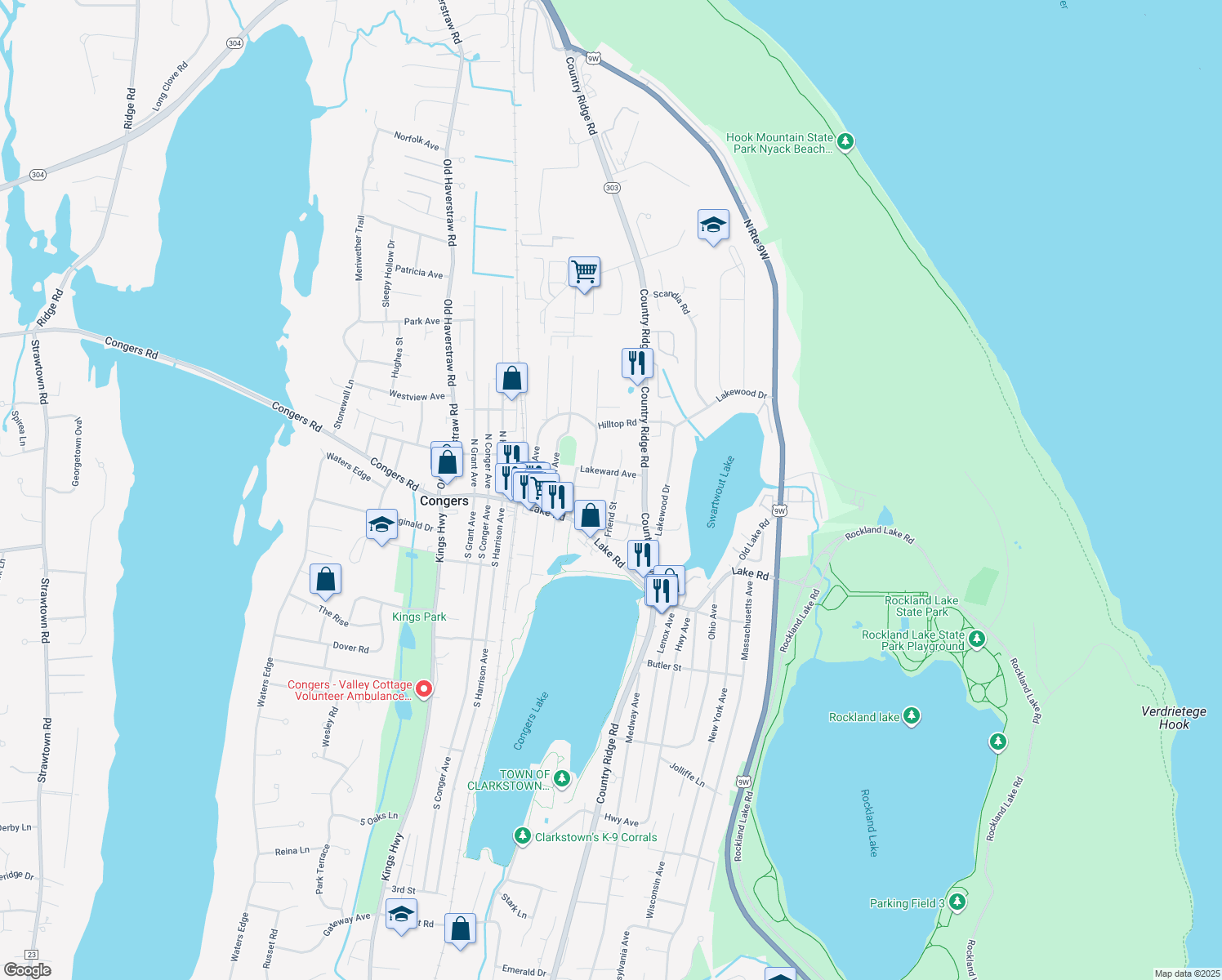 map of restaurants, bars, coffee shops, grocery stores, and more near 39 Friend Street in Congers