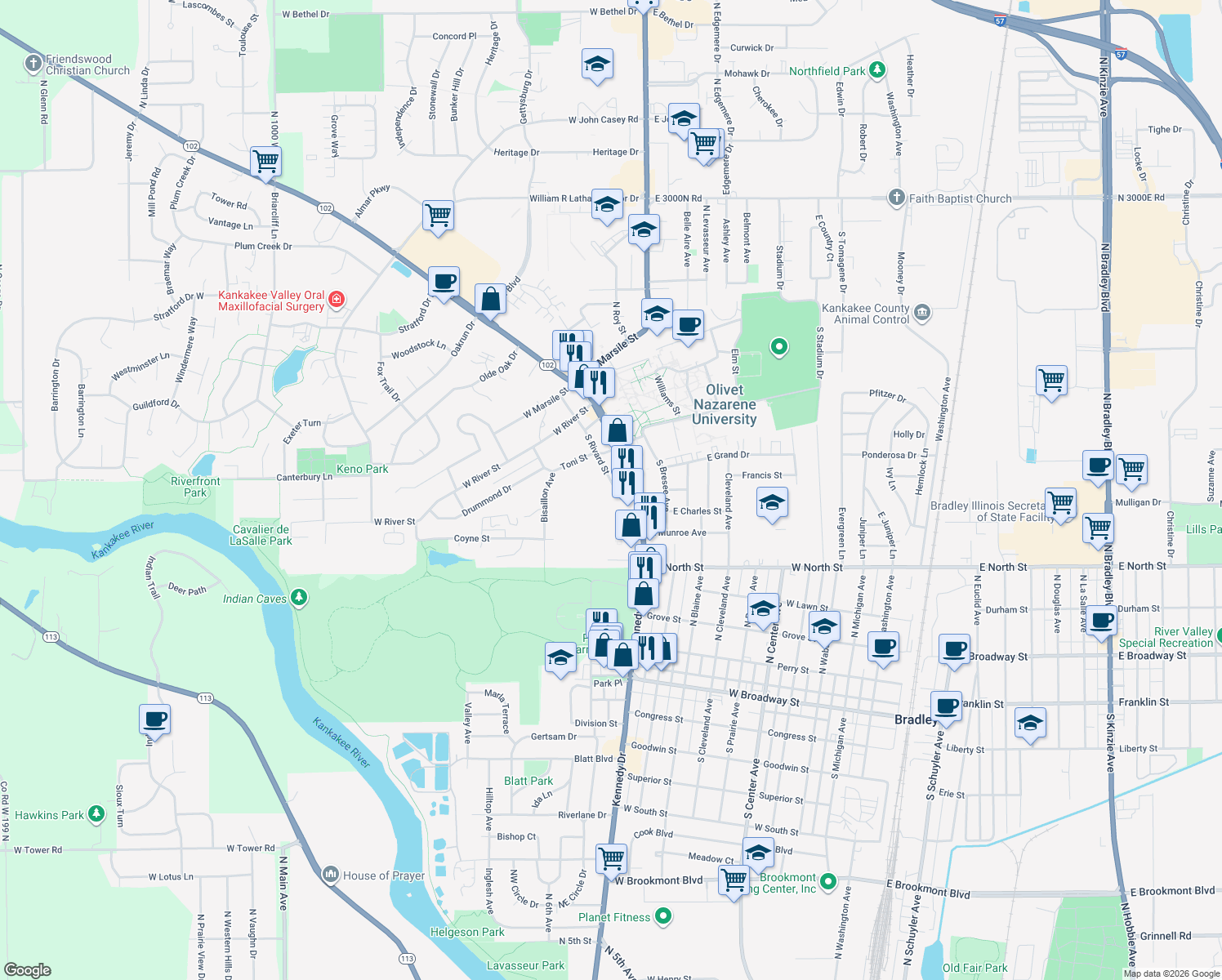 map of restaurants, bars, coffee shops, grocery stores, and more near 479 South Rivard Street in Bourbonnais