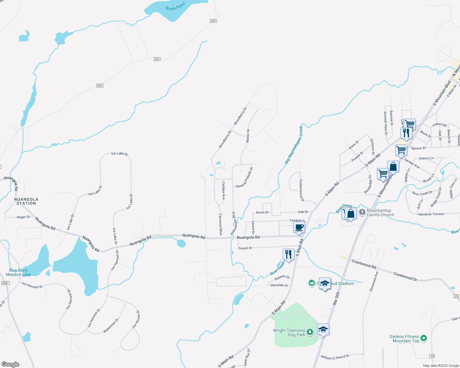 map of restaurants, bars, coffee shops, grocery stores, and more near 50 Aleksander Blvd in Mountain Top