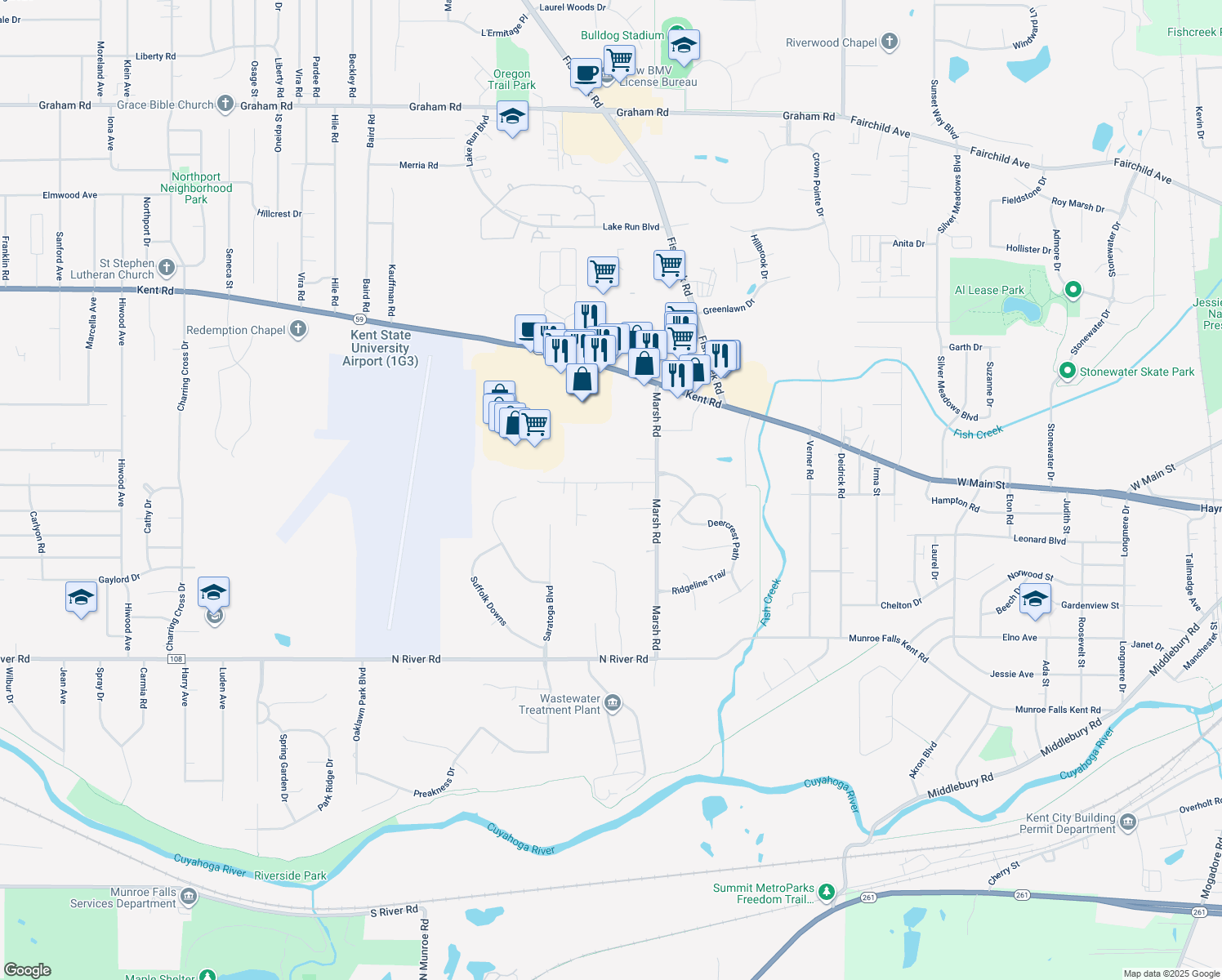 map of restaurants, bars, coffee shops, grocery stores, and more near 2876 Whit Avenue in Stow