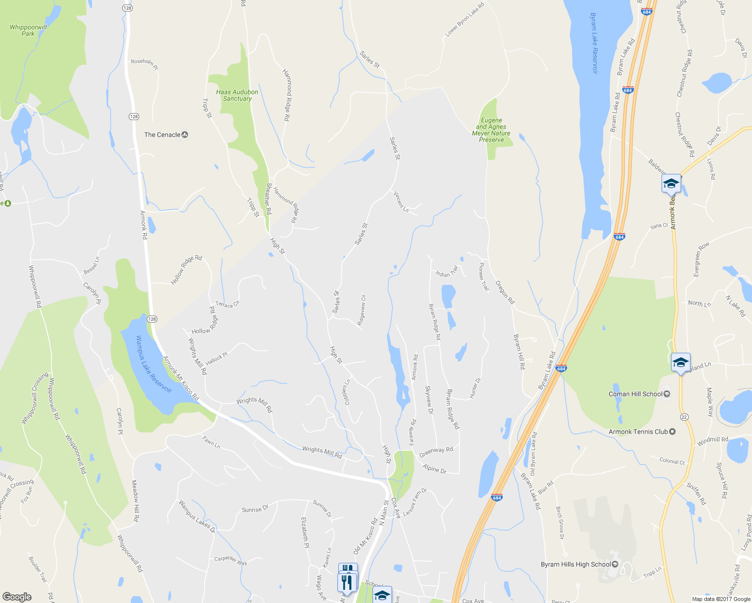 map of restaurants, bars, coffee shops, grocery stores, and more near 8 Ridgeview Circle in Armonk