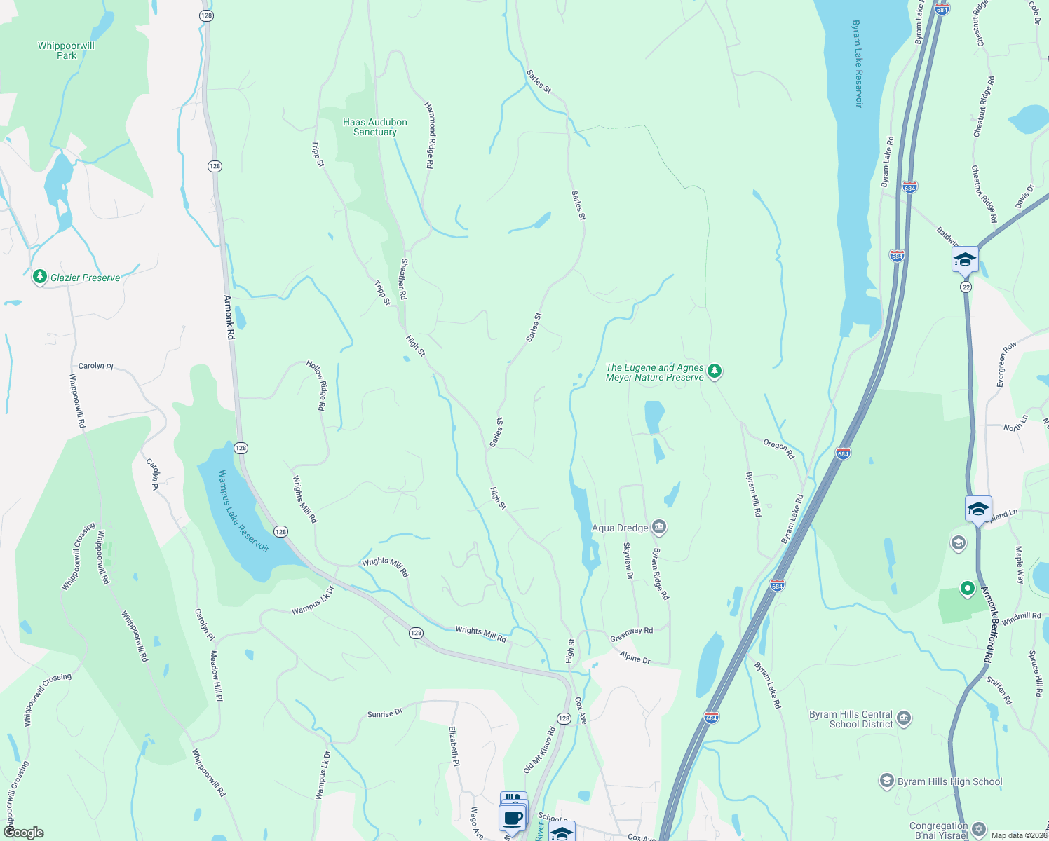 map of restaurants, bars, coffee shops, grocery stores, and more near 5 Ridgeview Circle in Armonk