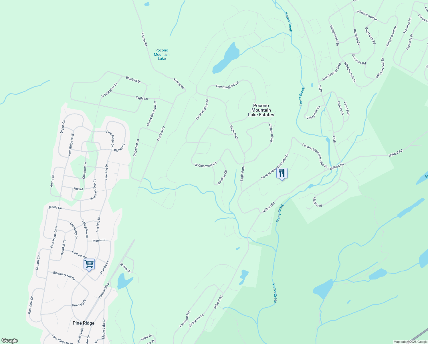 map of restaurants, bars, coffee shops, grocery stores, and more near Swallow Circle in Pocono Mountain Lake Estates