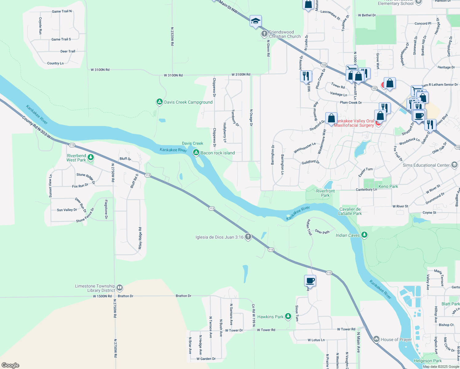 map of restaurants, bars, coffee shops, grocery stores, and more near 2610-A Chippewa Drive in Bourbonnais