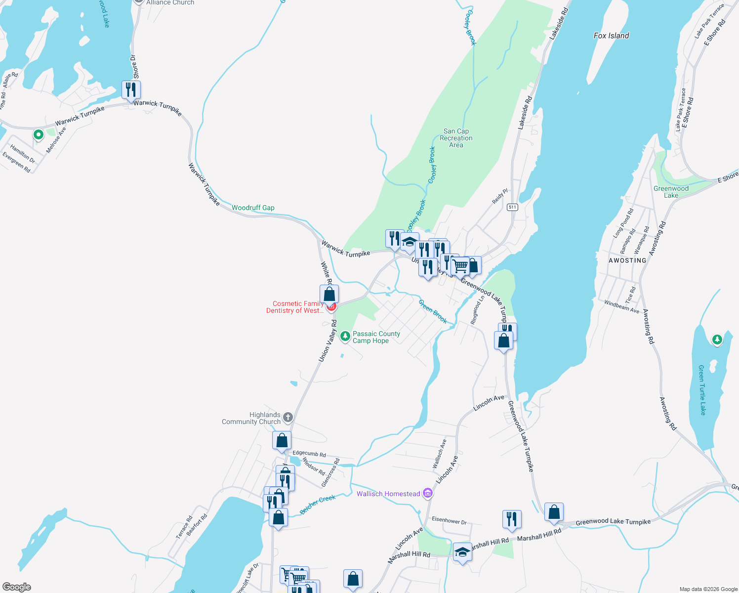 map of restaurants, bars, coffee shops, grocery stores, and more near 4 Greenbrook Dr in West Milford