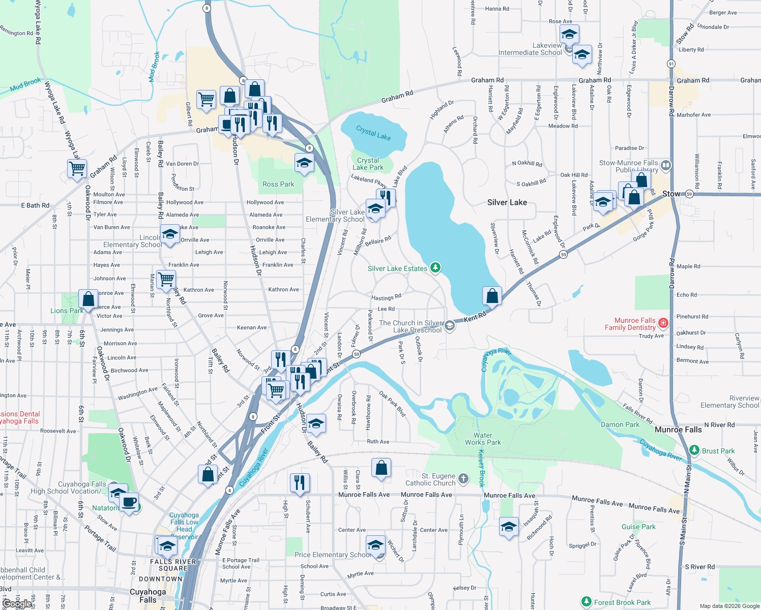 map of restaurants, bars, coffee shops, grocery stores, and more near 2871 Lee Rd in Silver Lake