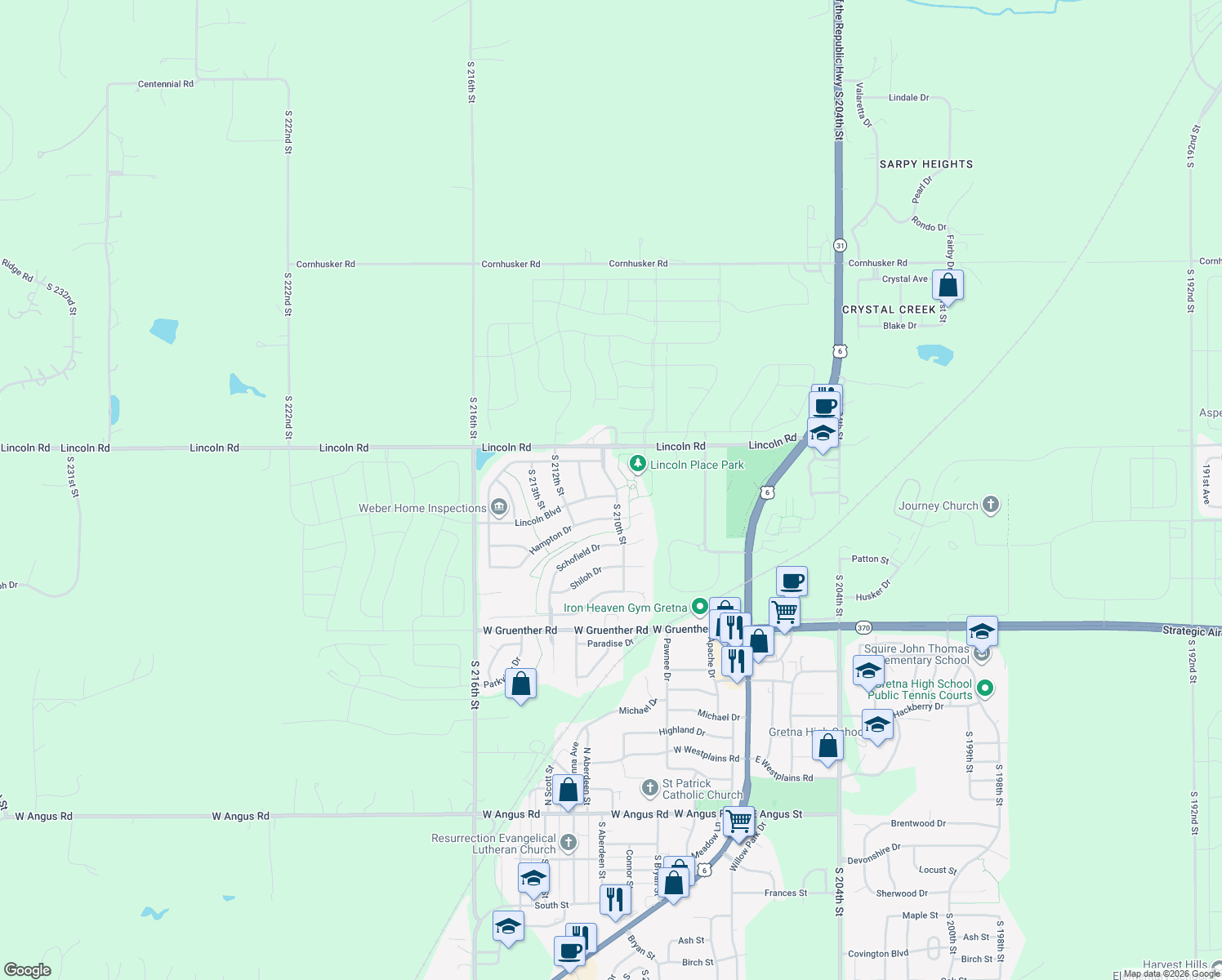 map of restaurants, bars, coffee shops, grocery stores, and more near 10704 South 210th Street in Gretna