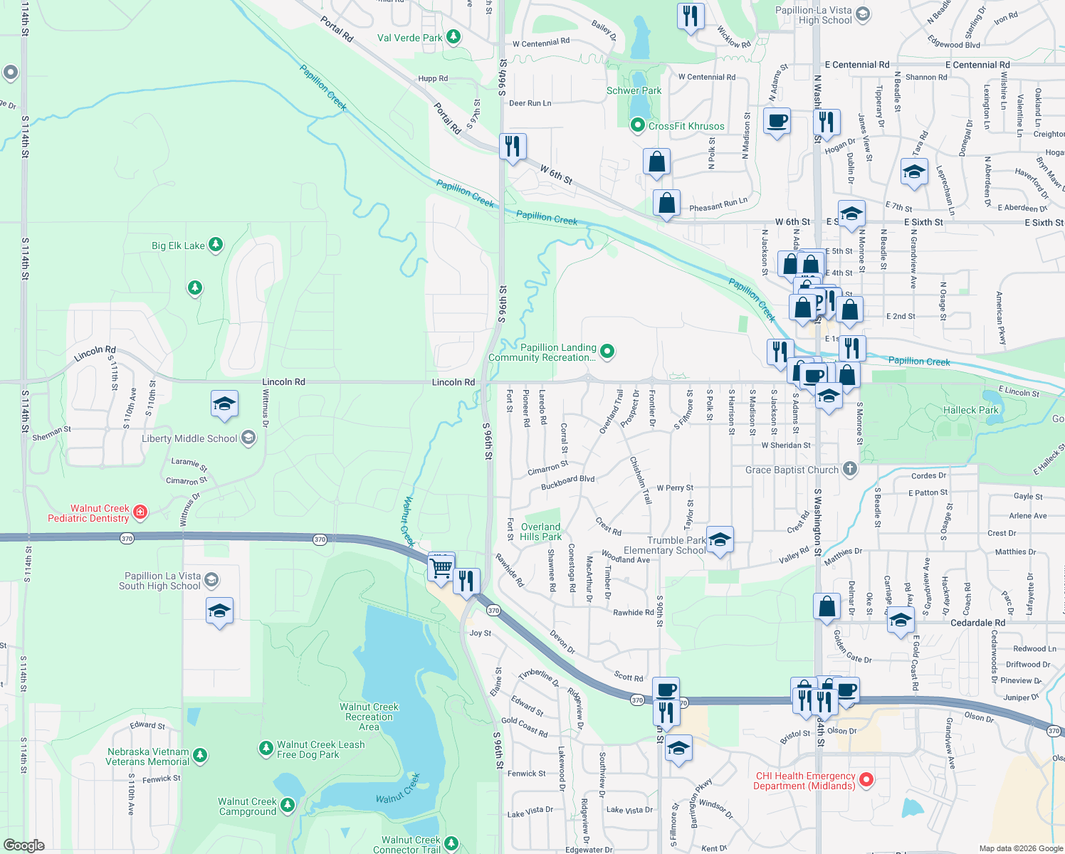 map of restaurants, bars, coffee shops, grocery stores, and more near 409 Pioneer Road in Papillion