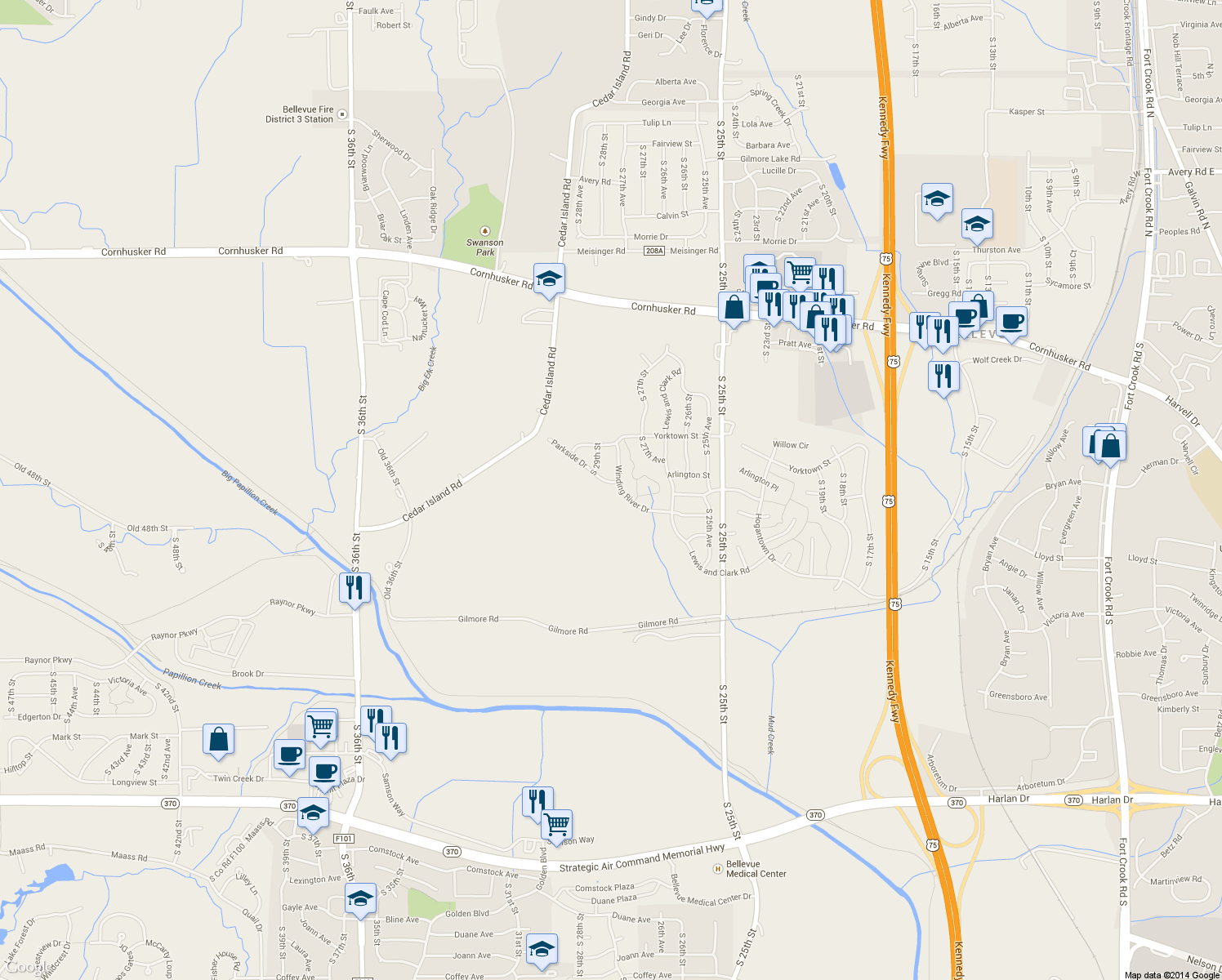 map of restaurants, bars, coffee shops, grocery stores, and more near 2803 Parkside Drive in Bellevue