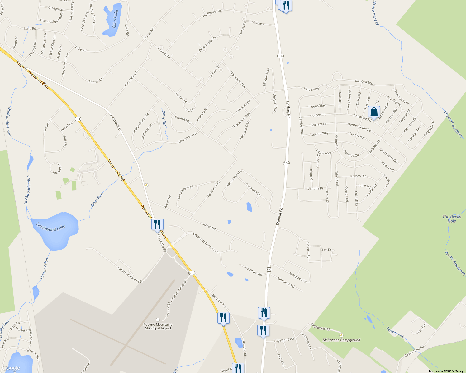 map of restaurants, bars, coffee shops, grocery stores, and more near 41 Mcnamara Lane in Tobyhanna