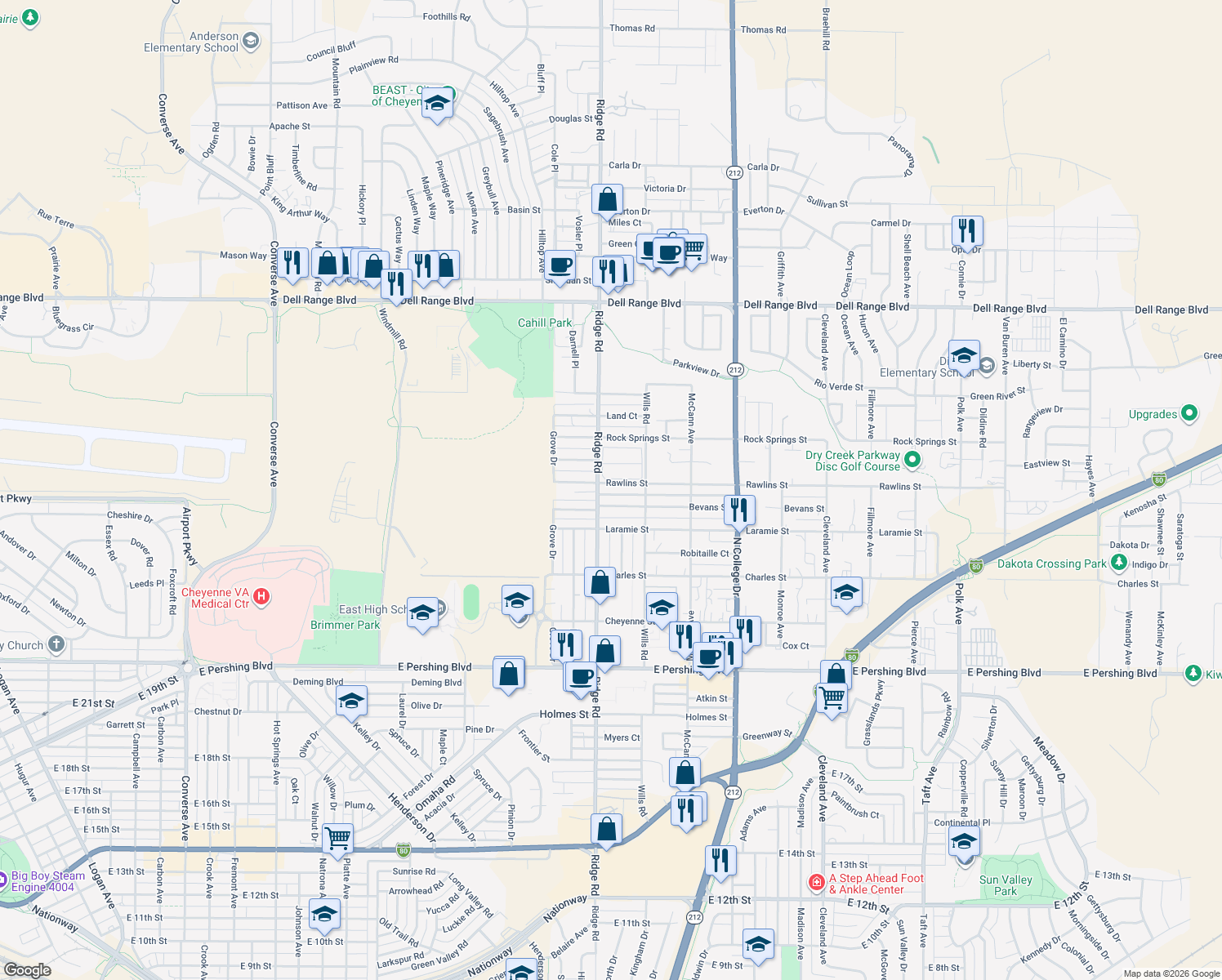 map of restaurants, bars, coffee shops, grocery stores, and more near 3415 Rawlins Street in Cheyenne