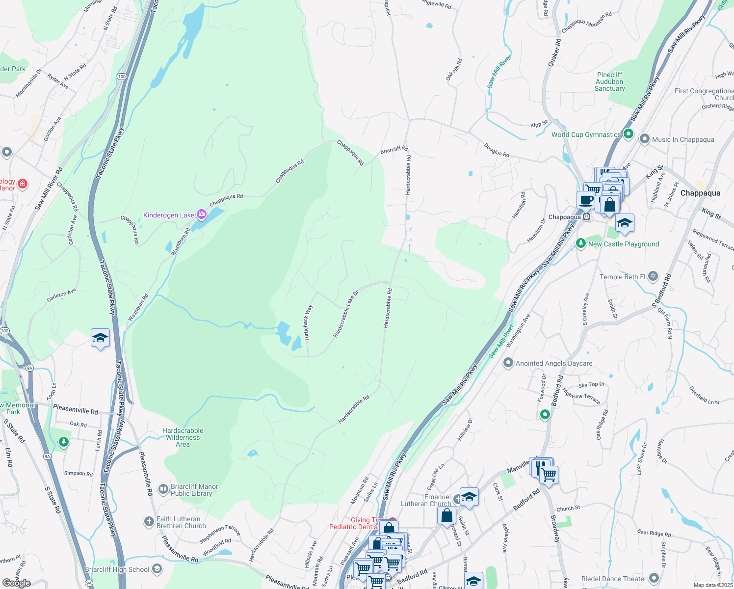 map of restaurants, bars, coffee shops, grocery stores, and more near 108 Hardscrabble Lake Drive in Chappaqua