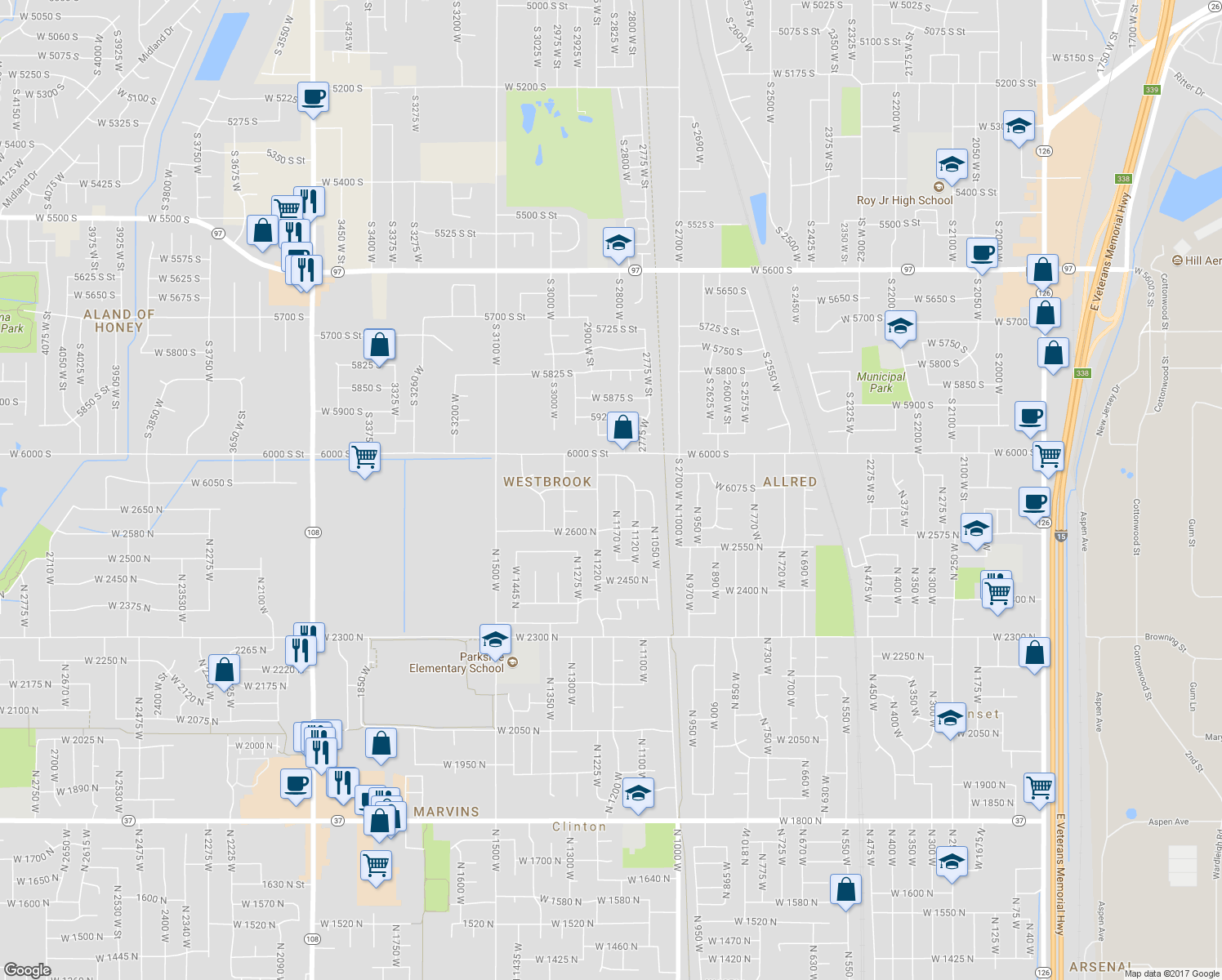 map of restaurants, bars, coffee shops, grocery stores, and more near 6073 2850 West Street in Roy