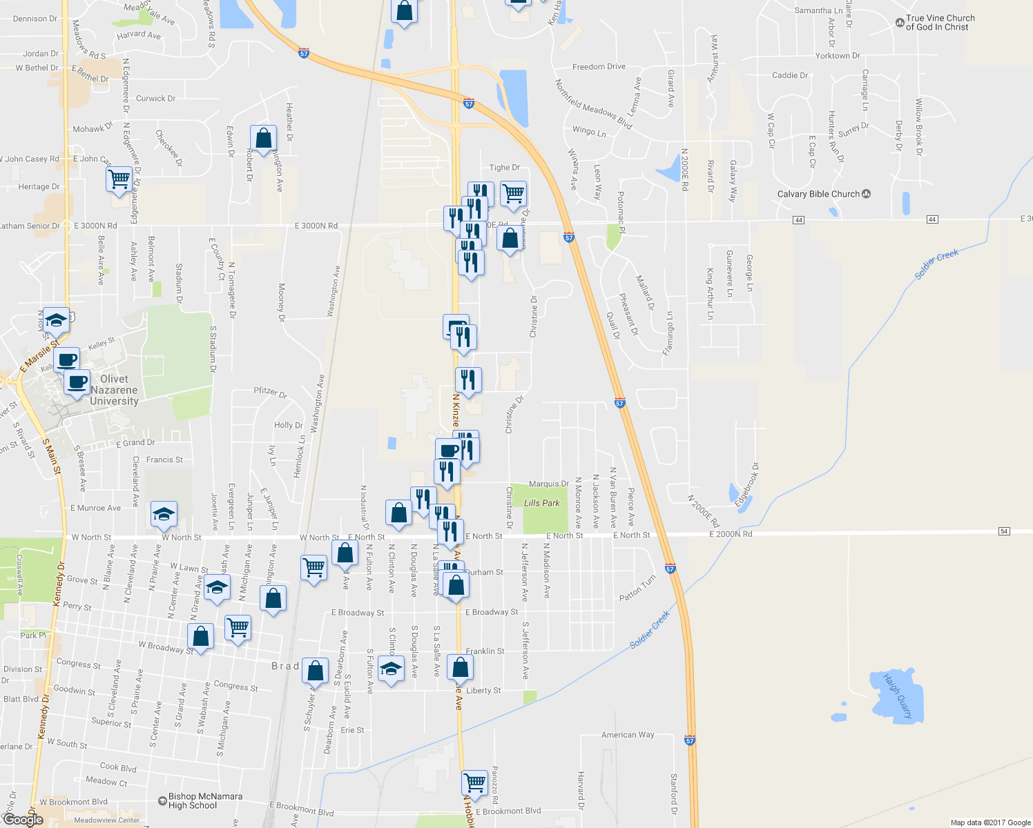 map of restaurants, bars, coffee shops, grocery stores, and more near 800 Christine Drive in Bradley