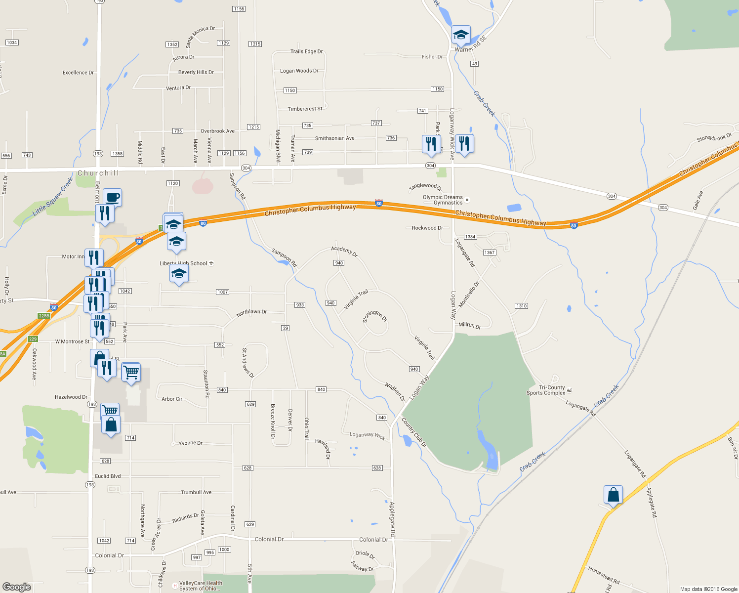map of restaurants, bars, coffee shops, grocery stores, and more near 1320 Virginia Trail in Youngstown
