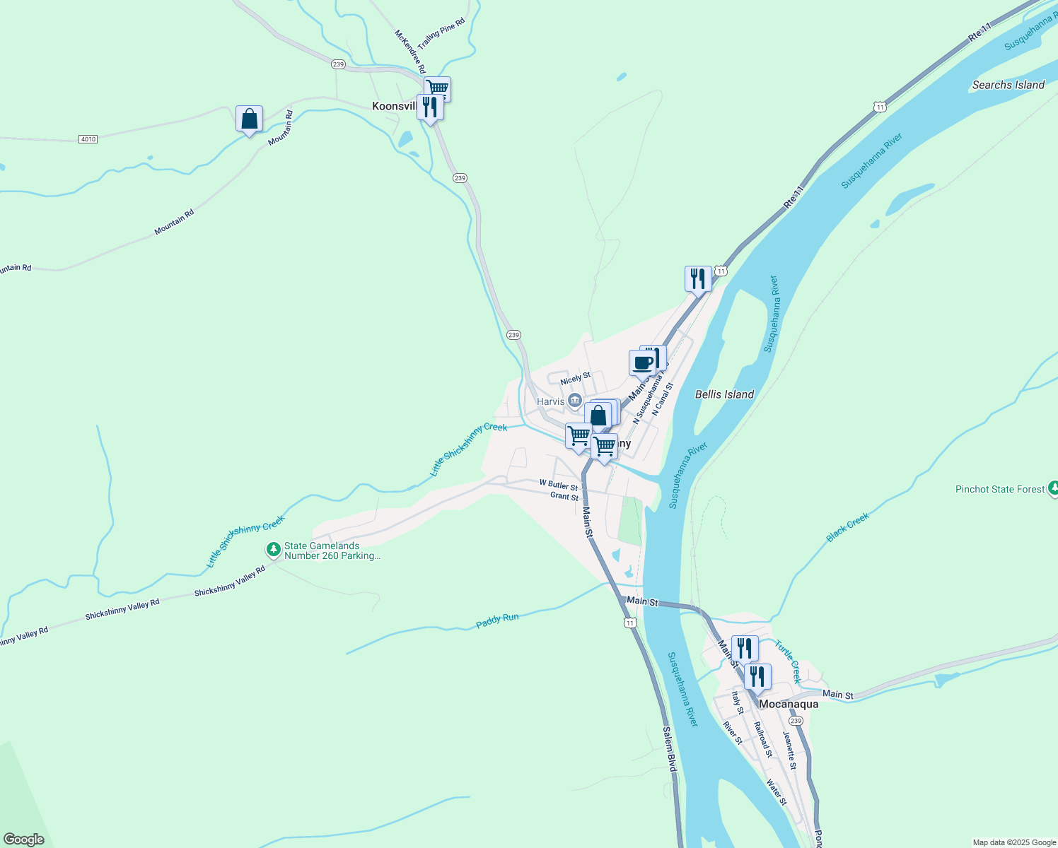 map of restaurants, bars, coffee shops, grocery stores, and more near 21 Glen Ave in Shickshinny