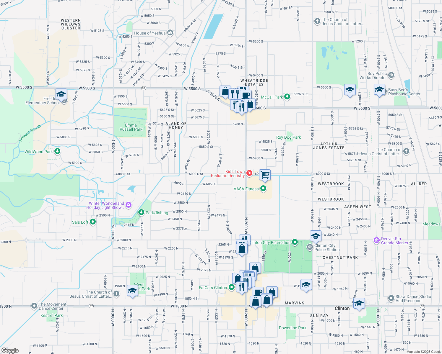 map of restaurants, bars, coffee shops, grocery stores, and more near 3637 W 6000 S in Roy
