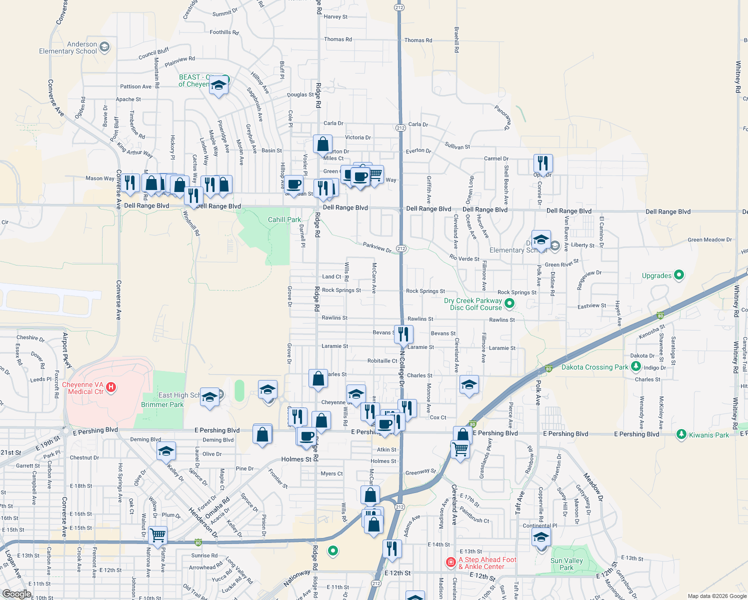 map of restaurants, bars, coffee shops, grocery stores, and more near 3935 McCann Ave in Cheyenne
